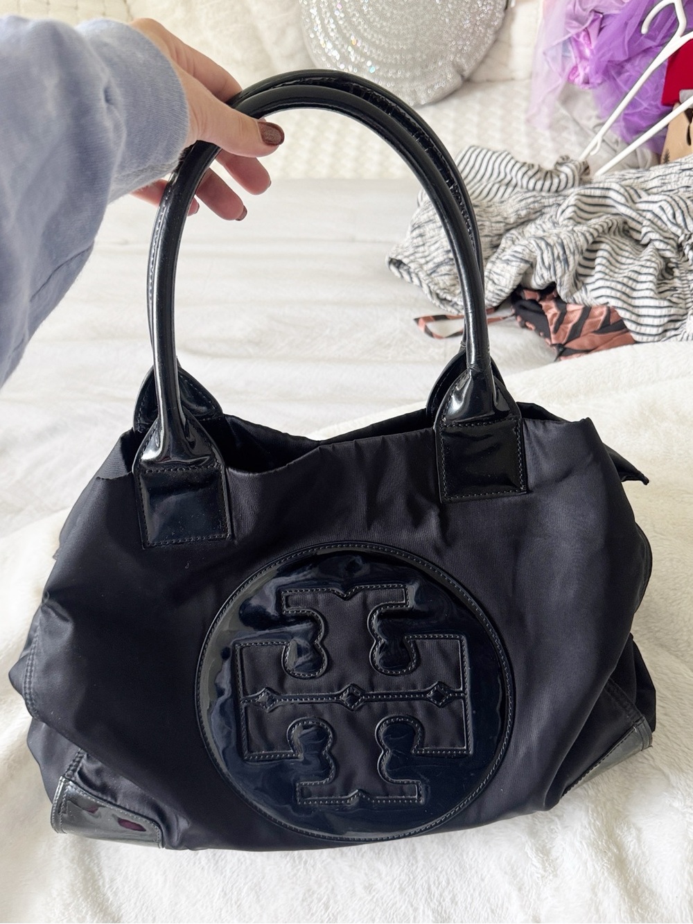 Tory Burch Tory Burch Black Patent Leather and Nylon Large Ella Tote bag purse